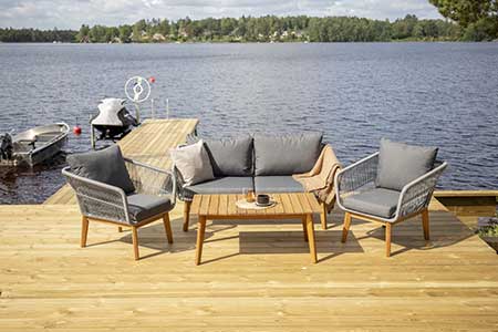 SALON DE JARDIN FAUTEUIL ET CANAPÉ GRIS ET BOIS